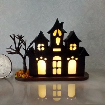 PREORDER Deposit of $1 for one unit of miniature light up halloween haunted house with leafless tree Battery operated for 1-inch scale or play scale