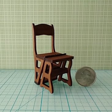 1:12 Dollhouse miniature foldable two-in-one chair and step stool Ladder chair in solid walnut wood for study or library or kitchen