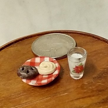 1:12 Dollhouse miniature glass of milk and cookies on ceramic plate for Santa REF Poinsettia