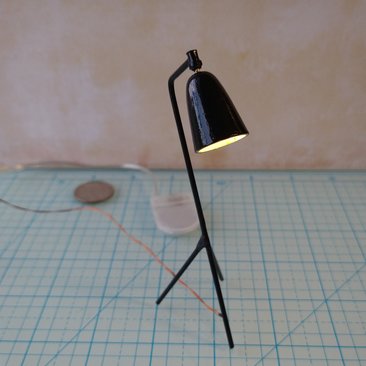 1:12 Dollhouse mid-century styled floor lamp Black tripod floor lamp Battery operated LED lamp with external wires REF Grasshopper