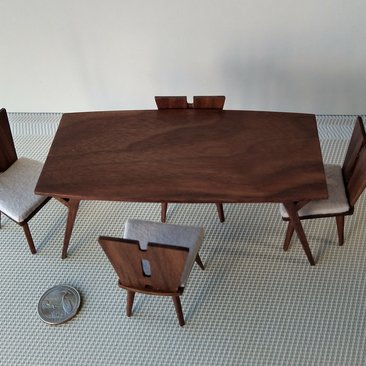 1:12 Dollhouse dining table and four chairs set in solid walnut Mid-century styled dining set