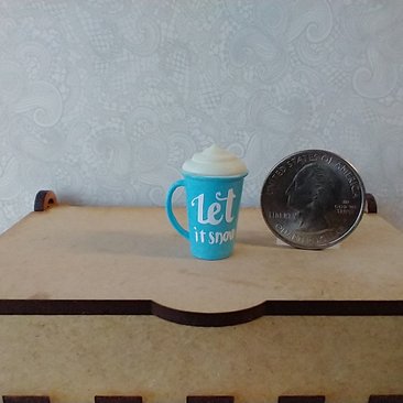 Play scale 1:6 or Barbie winter themed mug with cream lid for 12-inch dolls REF Blue with snowman & Let it snow texts