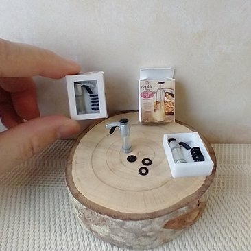 1:12 Dollhouse miniature cookie press and discs set in packaging box with clear front window Boxed spritz cookie press Price is for EACH set