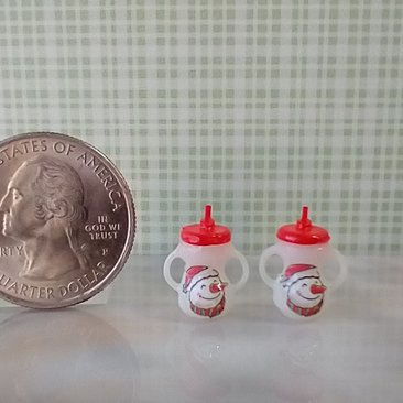 1:12 Dollhouse miniature holiday-themed sippy cup with easy grip handles REF Red lid, snowman + stocking Price is for EACH