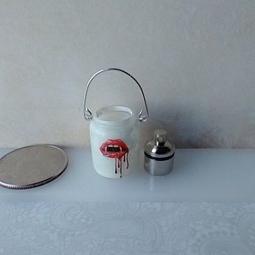1:12 Dollhouse Halloween Mason jar inspired light DIY styled Halloween light White jar light with vampire lips REF Vampire n white
