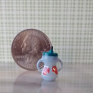 1:12 Dollhouse miniature holiday-themed sippy cup with easy grip handles REF Teal lid, gift box, pair of mittens