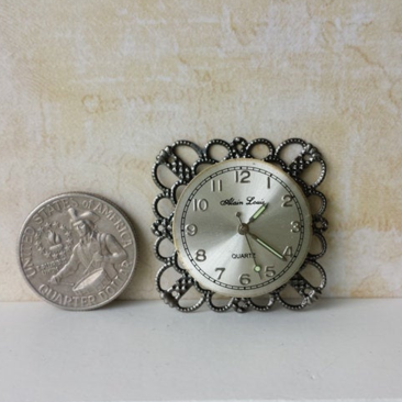 1:12 dollhouse miniature square filigree wall clock Gun metal tone clock Can lean against wall as mantel clock NON working