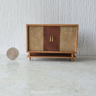 RESERVED for Deanna 1:12 Dollhouse furniture mid-century styled stereo console in solid cherry with hinged top 