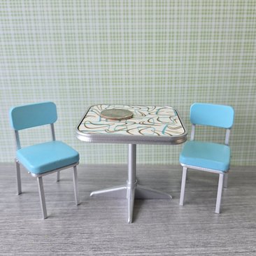 1:12 Dollhouse mid-century style dinette table set with two turquoise chairs REF Boomerang laminate top + turquoise chairs