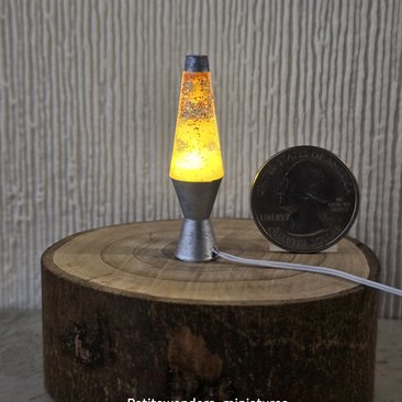 1:12 Dollhouse miniature retro lava lamp Battery operated LED table lamp MCM style with external wires REF Chrome finish base red glitter clear resin
