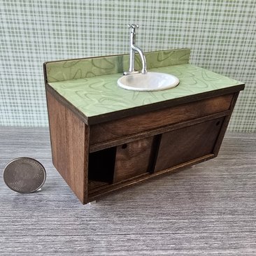 1:12 Dollhouse mid-century style bath single sink vanity cabinet Angled cabinet undermount sink with backsplash and sliding doors REF Walnut + green