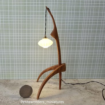 1:12 dollhouse miniature mid-century style floor lamp with sculptural tripod legs in solid cherry Rispal inspired Praying mantis lamp Battery operated LED lamp REF Cherry wood