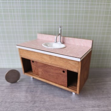 1:12 Dollhouse mid-century style bath single sink vanity cabinet undermount sink with backsplash and sliding doors REF Cherry + pink