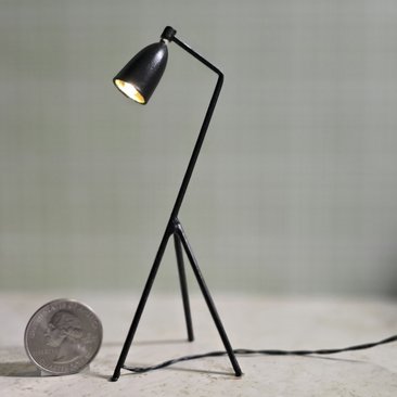 1:12 Dollhouse mid-century style tripod floor lamp Battery operated LED lamp with external wires REF Black grasshopper