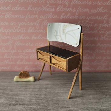 1:12 Dollhouse mid-century style vanity or dressing table in solid cherry wood with swing acrylic mirror and working drawers
