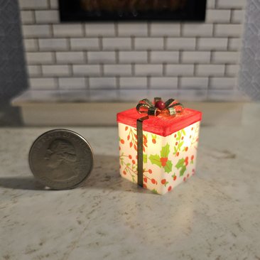 1-inch scale dollhouse miniature light up Christmas gift box Battery lighted gift box for mini holiday scene REF #9 Red lid & hollies