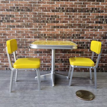 1:12 Dollhouse mid-century style dinette table set with two orange chairs REF Yellow laminate top