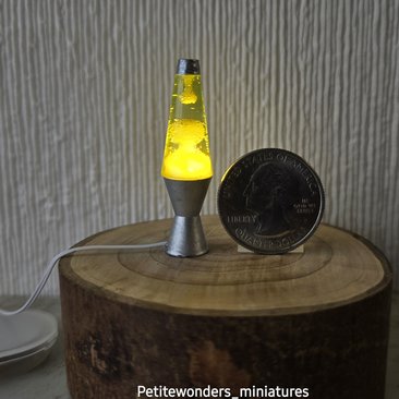 1:12 Dollhouse miniature retro lava lamp Battery operated LED table lamp MCM style with external wires REF Chrome finish base light yellow resin