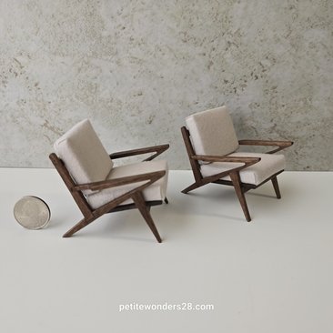 Made-to-order 1:12 Dollhouse mid-century style lounge chair in walnut MCM Z-chair with off-white cushions PRICE is for One chair