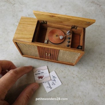 RESERVED for Deanna 1:12 Dollhouse furniture mid-century styled stereo console in solid cherry with hinged top 