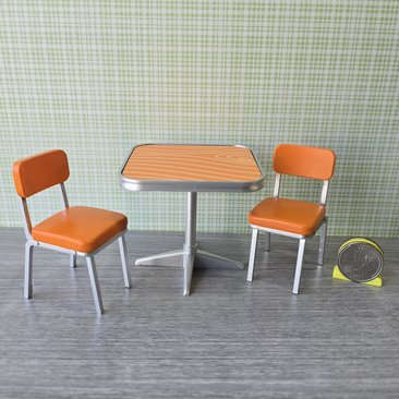 1:12 Dollhouse mid-century style dinette table set with two orange chairs REF Orange laminate top