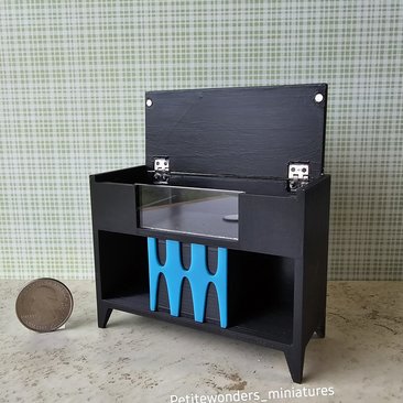 1:12 scale dollhouse mid-century modern record player stand and storage cabinet MCM record console