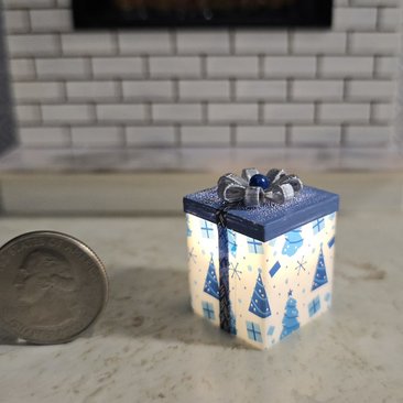 1-inch scale dollhouse miniature light up Christmas gift box Battery lighted gift box for mini holiday scene REF #10  Big square + blue Xmas tree