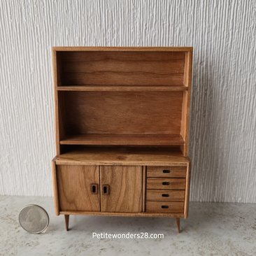 1:12 scale dollhouse mid-century modern display case with cabinet in solid cherry wood MCM display / book case with two hinged doors REF Cherry