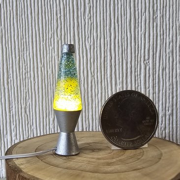 1:12 Dollhouse miniature retro lava lamp Battery operated LED table lamp MCM style with external wires REF Chrome finish base light blue resin 